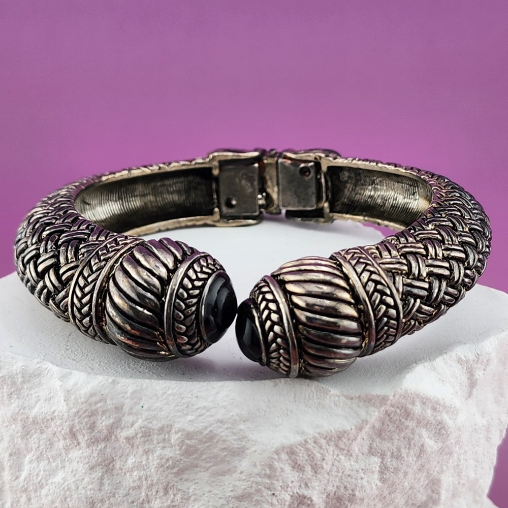 Black Cabochon Silver Tone Hinged Cuff Bracelet Woven Textured Statement Jewelry